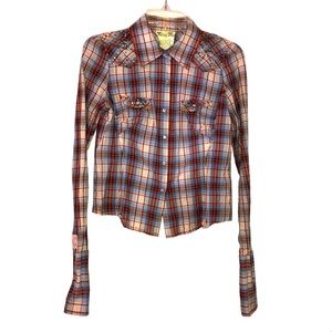 Miss Me Blouse Plaid Western Pearl Snaps  Rhinestones Longhorn Size S